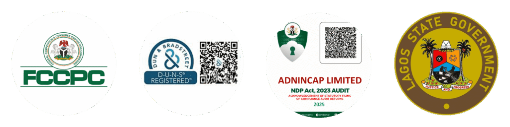 EduAid Africa compliance badges — FCCPC registered, NDPR compliant, Lagos State partner, Dun and Bradstreet verified
